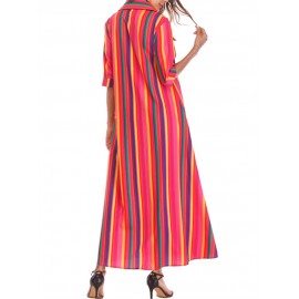 Front Button Fly Striped Pocket Casual Dresses