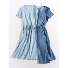 Denim Pocket Short Sleeve O-neck Casual Dresses