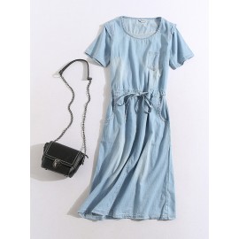 Denim Pocket Short Sleeve O-neck Casual Dresses