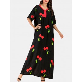 Vintage Print Cherry V-neck Overhead Maxi Dress