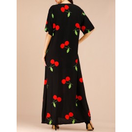 Vintage Print Cherry V-neck Overhead Maxi Dress