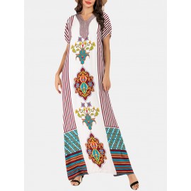 Bohemian Print V-neck Patch Short Sleeve Maxi Dress