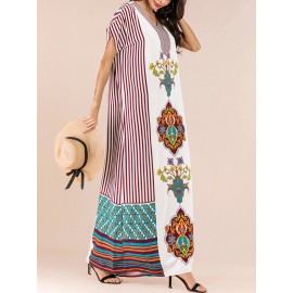 Bohemian Print V-neck Patch Short Sleeve Maxi Dress