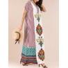 Bohemian Print V-neck Patch Short Sleeve Maxi Dress