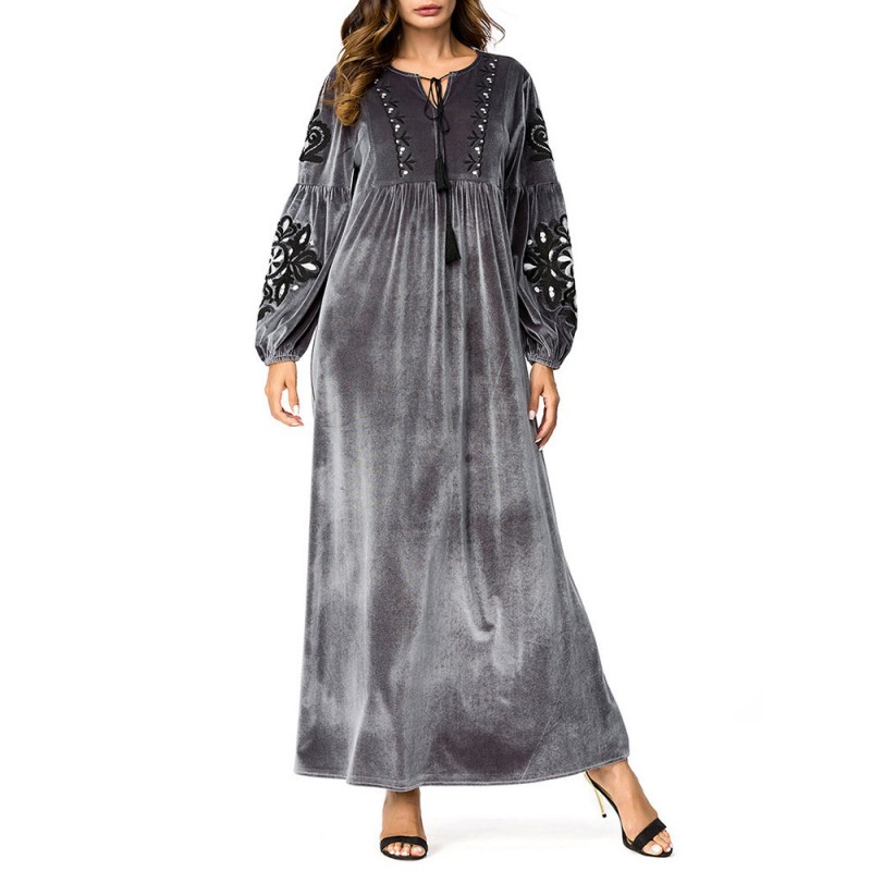 Muslim Embroidery Patchwork Maxi Velvet Dress