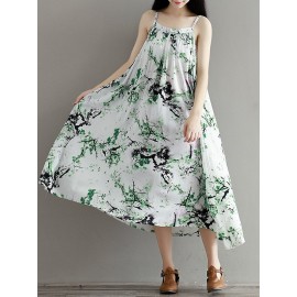 Flowy Ink Print Spaghetti Strap Loose O-neck Maxi Dress For Women