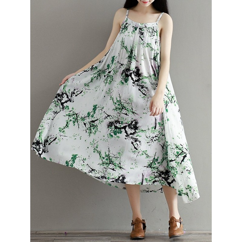 Flowy Ink Print Spaghetti Strap Loose O-neck Maxi Dress For Women