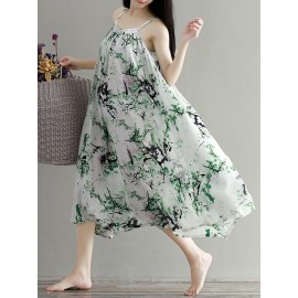 Flowy Ink Print Spaghetti Strap Loose O-neck Maxi Dress For Women