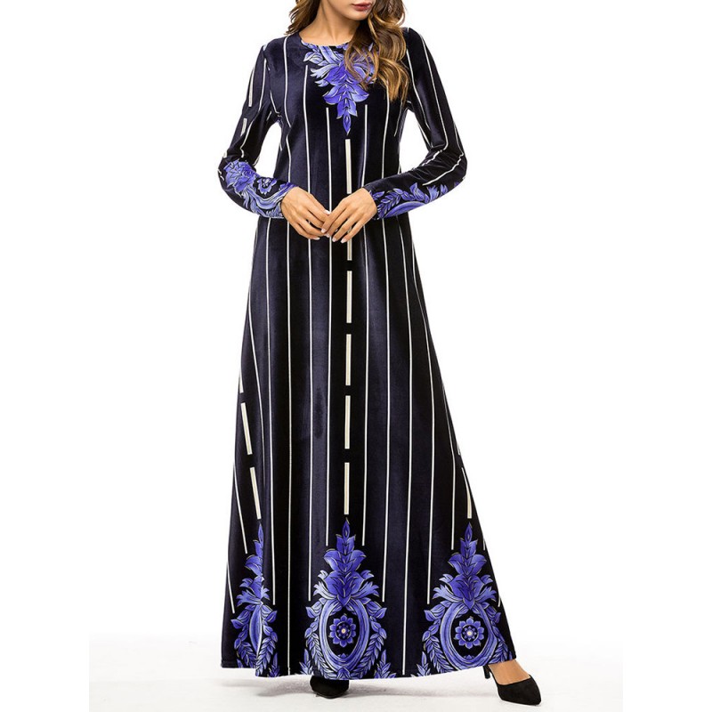 Muslim Velvet Striped Print Long Sleeve Long Dress