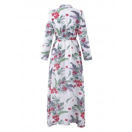 Bohemian Floral Print Splited Long Sleeve Lapel Women Maxi Dresses