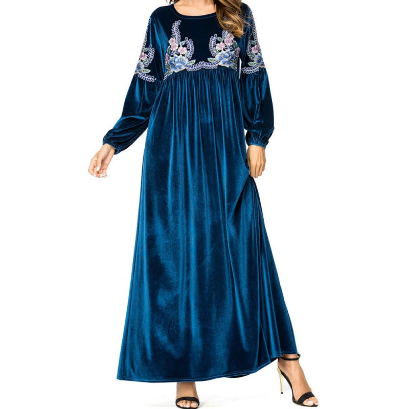 Islam Muslim Winter Velvet Print Long Sleeve Long Dress