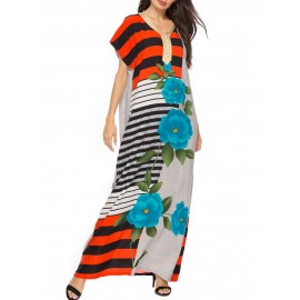 Vintage Bohemian Print Short Sleeve V-neck Maxi Dress