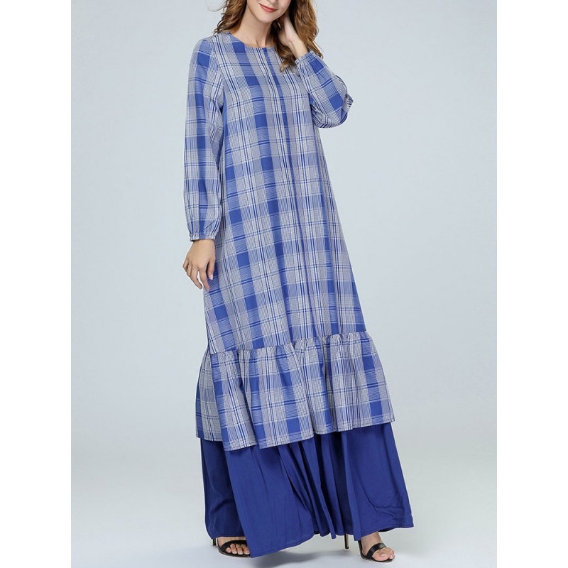 Loose Plaid Ruffle Blue Long Sleeve Dress