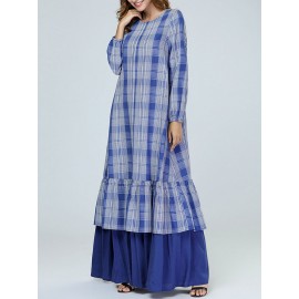 Loose Plaid Ruffle Blue Long Sleeve Dress