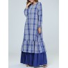 Loose Plaid Ruffle Blue Long Sleeve Dress