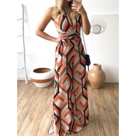 Sexy Geometric Lace-up Sleeveless Maxi Dress