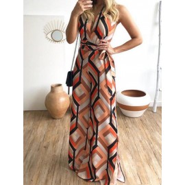 Sexy Geometric Lace-up Sleeveless Maxi Dress