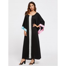 Women Contrast Color Long Sleeve Loose Long Maxi Dresses