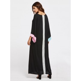 Women Contrast Color Long Sleeve Loose Long Maxi Dresses