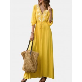 Bohemian V-Neck Long Sleeve Floor Length Maxi Dress