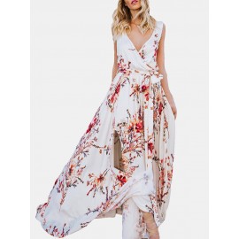 Floral Print Cross Wrap Sleeveless Maxi Dress For Women