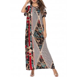 Vintage Asymmetric Print Batwing Sleeve Overhead Maxi Dress