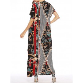 Vintage Asymmetric Print Batwing Sleeve Overhead Maxi Dress