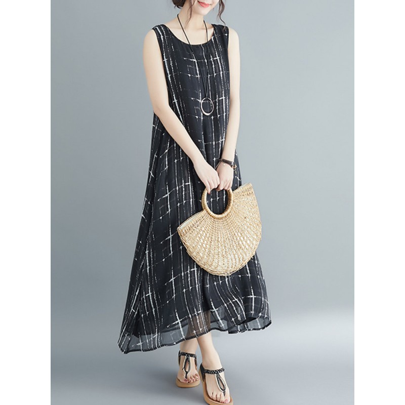 Loose Print Sleeveless Crew Neck Overhead Maxi Dress