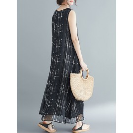 Loose Print Sleeveless Crew Neck Overhead Maxi Dress