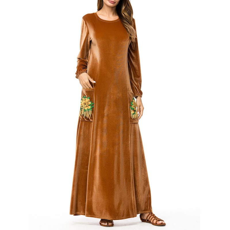 Islam Muslim Velvet Embroidery Pocket Brown Long Sleeve Dress