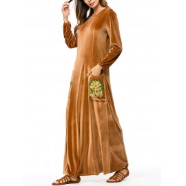 Islam Muslim Velvet Embroidery Pocket Brown Long Sleeve Dress