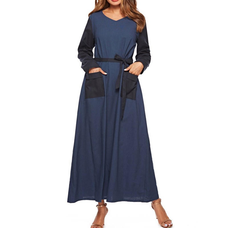 Casual V-neck Two-tone Pockets Long Sleeve Maxi Dress With Belt