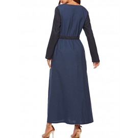 Casual V-neck Two-tone Pockets Long Sleeve Maxi Dress With Belt