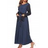 Casual V-neck Two-tone Pockets Long Sleeve Maxi Dress With Belt