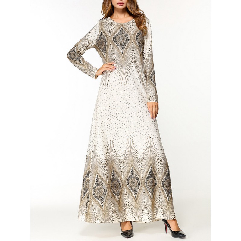 Elegant Print Long Sleeve Islam Muslim Slim Long Dress