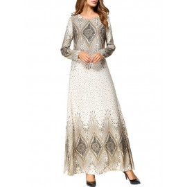 Elegant Print Long Sleeve Islam Muslim Slim Long Dress