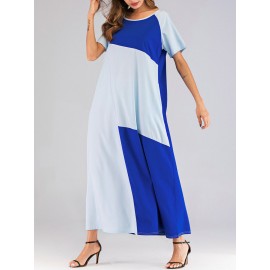 Patchwork Crew Neck Short Sleeve Maxi Dress