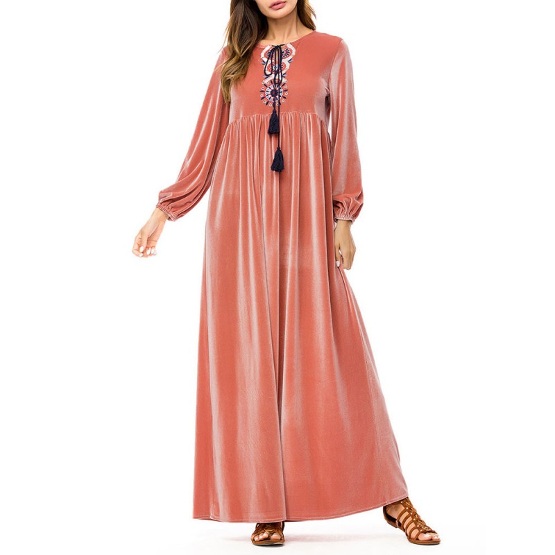 Islam Muslim Velvet Embroidery Pink Long Sleeve Dress