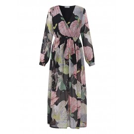 Bohemian Floral Print Splited Long Sleeve V-neck Women Maxi Dresses