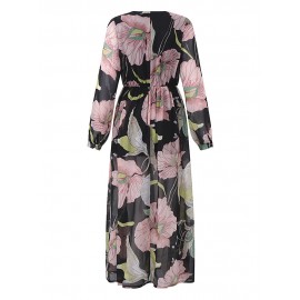 Bohemian Floral Print Splited Long Sleeve V-neck Women Maxi Dresses