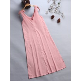 Bowknots V Neck Solid Color Straps Maxi Dress