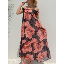 Bohemian Floral Print Off-shoulder Maxi Dress For Women