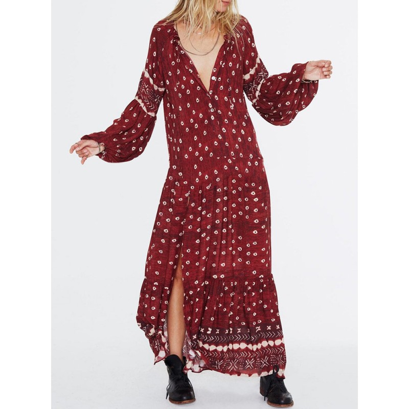 Women Ethnic Print Splited Long Sleeve Vintage Maxi Dress