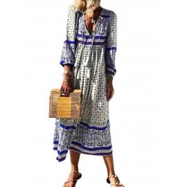 Bohemian Long Sleeve V-neck Pullover Print Long Dress