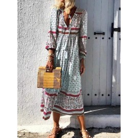 Bohemian Long Sleeve V-neck Pullover Print Long Dress