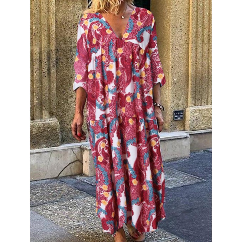 Ethnic Floral Print 3/4 Sleeve Maxi Dress For Women