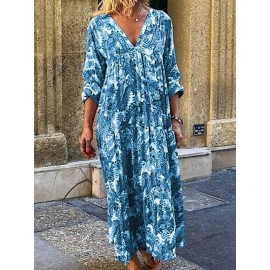 Ethnic Floral Print 3/4 Sleeve Maxi Dress For Women