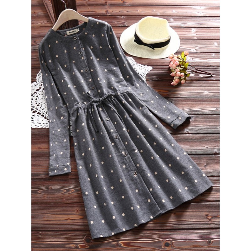 Polka Dot Print Drawstring Waist Long Sleeve Vintage Dresses