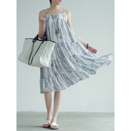 Stripe Patchwork Spaghetti Strap Vintage Mid-calf Dresses