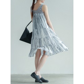 Stripe Patchwork Spaghetti Strap Vintage Mid-calf Dresses